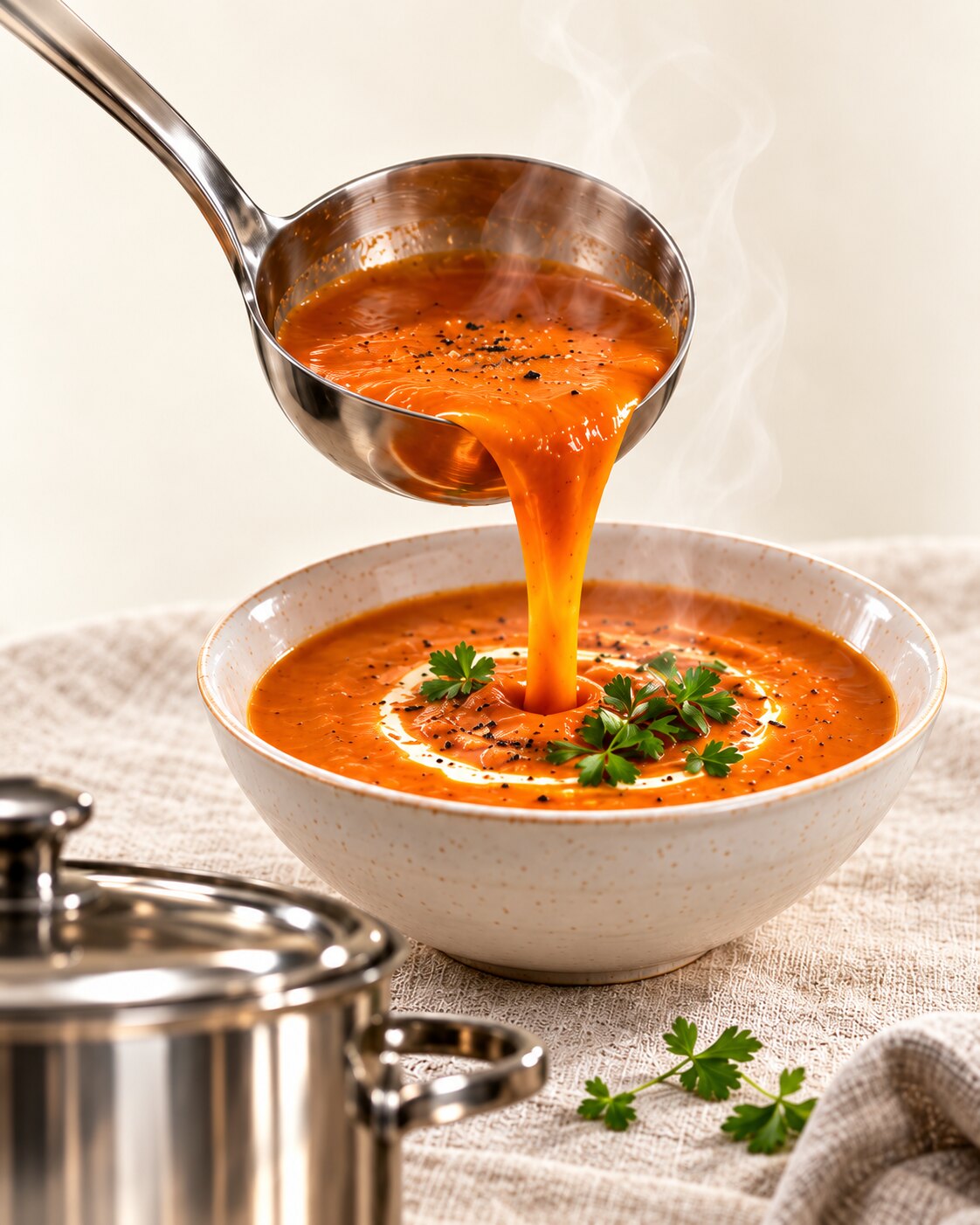 Dampfende Tomatensuppe wird aus der Suppenkelle in eine Schale gegossen – Catering vom Suppentopf Lübeck