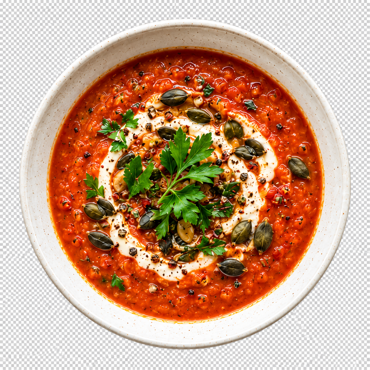 Rote Linsen-Tomaten-Suppe mit Crème, Petersilie und Kürbiskernen – von oben fotografiert